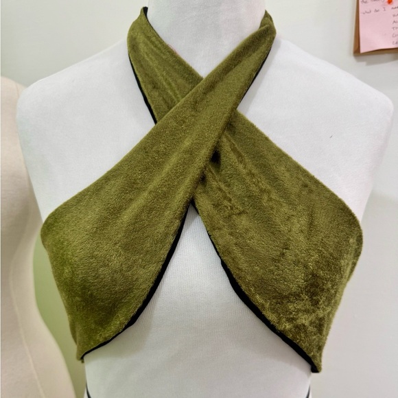 Olive Green Velvet Cross Halter Top - Picture 1 of 4